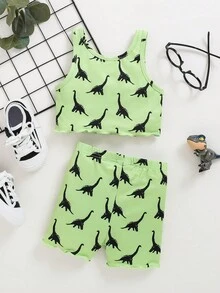 SHEIN Bộ trang phục 2 chiếc in hình khủng long thể thao giản dị cho bé gái - màu xanh lá - Xem 2