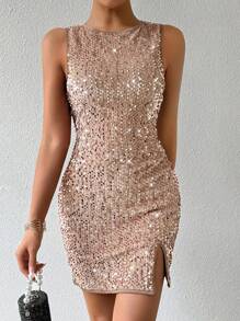 SHEIN ChicEase Của phụ nữ Lấp lánh Không lưng Tách Váy bodycon - Cà phê - Xem 5