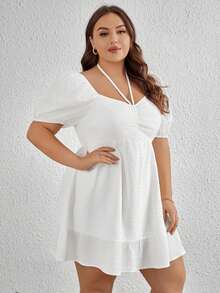 SHEIN Privé Plus Size White Elegant Dress With Rhinestone-Embroidered Neck, Elastic Waistline And Ruffle Trim - White - View 3