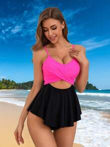 SHEIN Swim Women's Color Block Hollow Out Front Tankini With Spaghetti Straps Summer - Multicolor - View 1