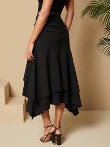 SHEIN Tall Women's Solid Color Pleated Ruffle Hem Asymmetrical Hem Skirt - Black - View 2