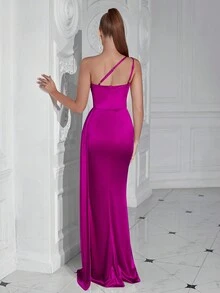 ADYCE 1 peça vestido longo plissado de um ombro só com fenda alta e cauda longa para festa de dança formal, baile de formatura elegante, vestido de convidado de casamento, para formatura, jantar - Rosa Quente - Ver 2