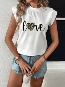 SHEIN LUNE 情人節心形豹紋愛情圖案蝙蝠袖圓領t恤 - 白色 - 查看 1