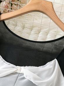 SHEIN Clasi Blusa A Maniche A Lanterna Con Collo Tondo E Colori A Contrasto - nero - Visualizzare 3