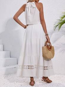 Chiquease 純色露肩背心短上衣&蕾絲拼接裙子套裝 - 白色 - 查看 2