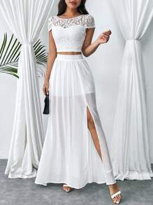 SHEIN Privé Của phụ nữ Ren Áo thun Và Bông tuyết Chiffon Váy chữ A Trắng 2 Miếng Bộ Cho đám cưới Mùa Và Thanh lịch Kỳ nghỉ - trắng - Xem 6