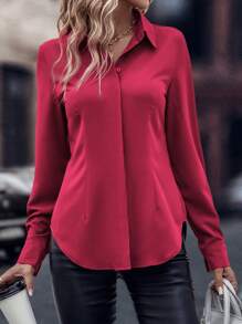 SHEIN Clasi 弧形下擺暗扣襯衫 - 玫紅色 - 查看 3