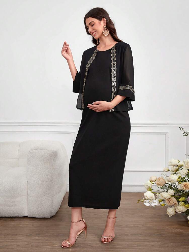 Maternity Knit Patchwork Round Neck 2 In 1 Dress