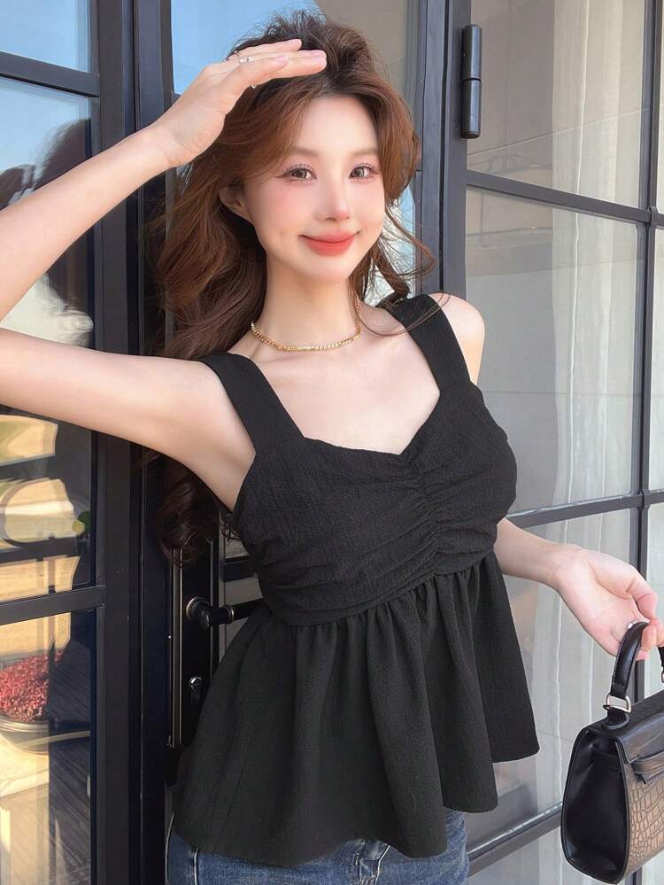 Women's Pleated Detail Ruffle Hem Cami Top With Spaghetti Straps Babydoll Top