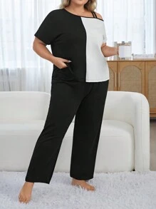 Plus Size Asymmetric Neckline Contrast Color Short Sleeve Top And Pants Pajama Set - Black and White - View 4