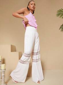 SHEIN Tall Ladies' Lace Spliced Flare Pants - White - View 6