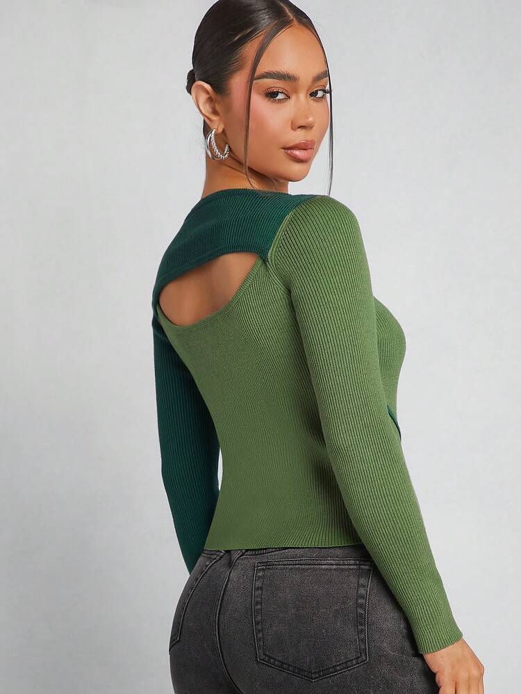 Asymmetric Cut Out Colorblock Sweater