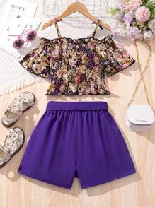 SHEIN Conjunto de Top Estampado com Flor com Babados e Ombros Deiscobertos e Shorts para Meninas Pré-Adolescentes com Fivela Decorativa Removível