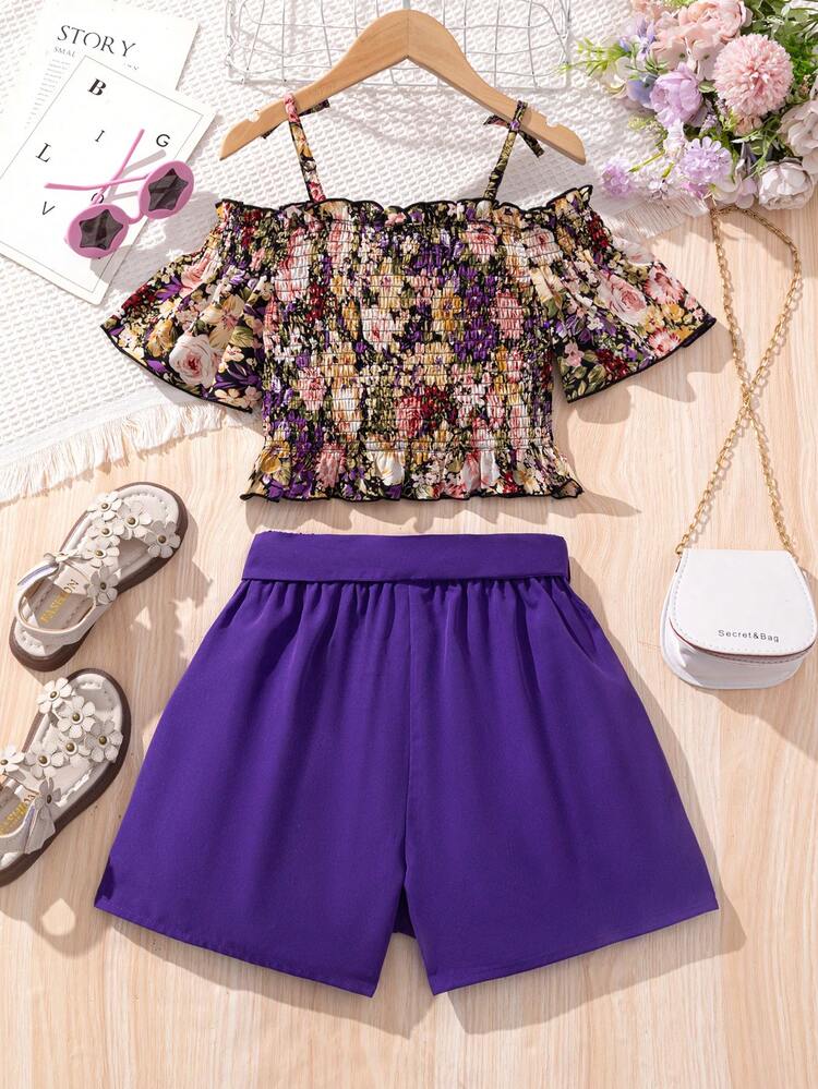 Tween Girl Strapless Off Shoulder Ruffled Flower Pattern Top With Detachable Decorative Buckle And Shorts Set