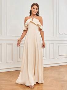 SHEIN Belle Women's Romantic Elegant Apricot Skin-Friendly Woven Fabric Suspender Belt Off-Shoulder Neckline With Ruffles A-Line Bridesmaid Dress - Apricot - View 1