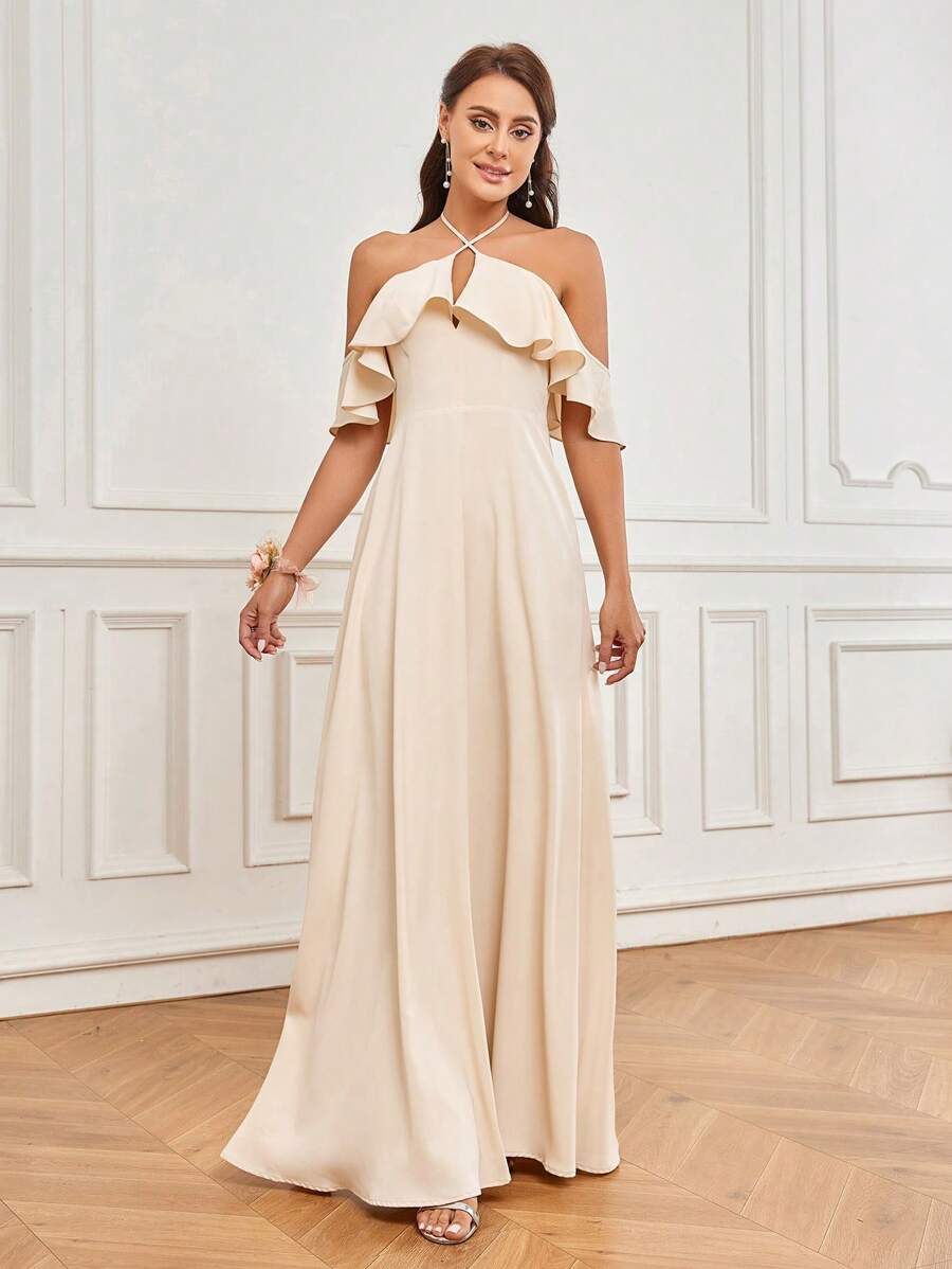 SHEIN Belle Women's Romantic Elegant Apricot Skin-Friendly Woven Fabric Suspender Belt Off-Shoulder Neckline With Ruffles A-Line Bridesmaid Dress - Apricot - View 1