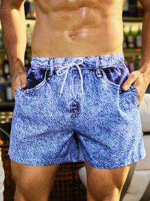 Surfspeed Men's Drawstring Waist Beach Shorts With Denim Effect Print - Blue - View 1
