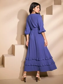 Seusyu 女性v領轉角口鐘形袖荷葉邊裝飾長裙,附腰帶 - 藍色 - 查看 8