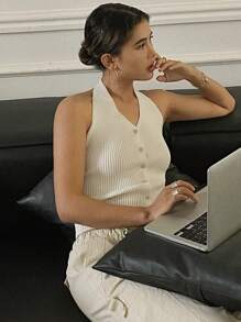 Livesso 纯色修身吊带针织上衣 夏季 - 白色 - 查看 8