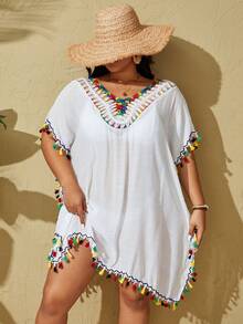 SHEIN VCAY 大尺碼女款拼布流蘇蝙蝠袖罩衫連身裙 - 白色 - 查看 3