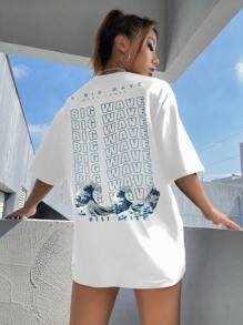 SHEIN Unity Camiseta de manga caída con gráfico de olas y eslogan "GRAN OLA OESTE GRAN OLA PLAYA OESTE" para mujer - Blanco - Ver 1