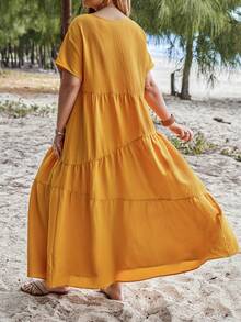 EMERY ROSE Vestido Amarillo De Verano Para Mujer Con Cuello Redondo, Manga Corta Y Dobladillo Con Volantes En Talla Grande - Mostaza Amarilla - Ver 2