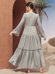 Al Najma Color Block Jacquard Weave Spliced Belted Flared Sleeve Jalabiya Dress, Modest - Grey - View 2