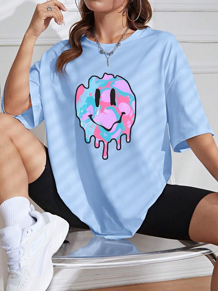 INAWLY Áo thun trễ vai dáng rộng có họa tiết hoạt hình - Màu xanh lam - Xem 1