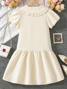 Vestido juvenil de primavera/verano con cuello de Peter Pan, informal y lindo con tela texturizada y diseño de lazo en la cintura