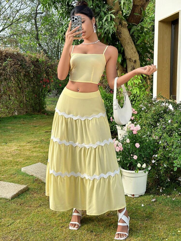 Women's Plain Cami Top And Asymmetrical Hem Ruffled Skirt Set