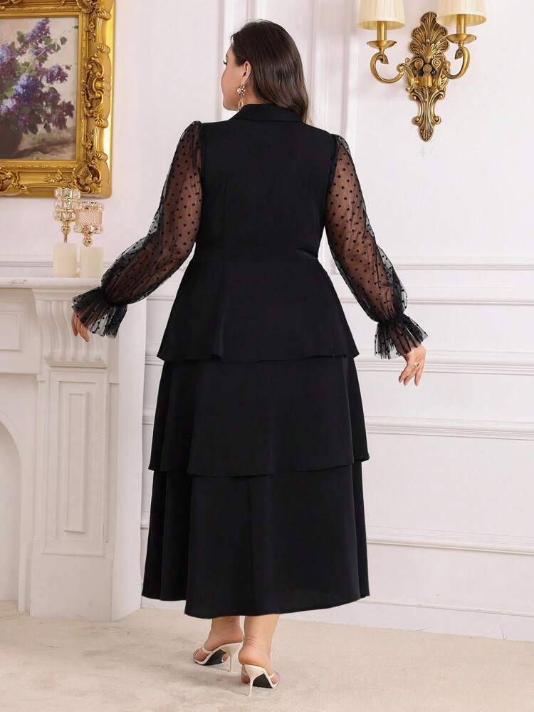 Plus Size Women's Polka Dot Contrast Mesh Bishop Sleeve Long Summer Dress Long Evening Dresses