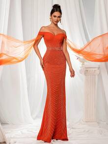 Smilprince 优雅的橙色露肩紧身长礼服，带有串珠装饰和轻薄透明袖子，优雅的派对，女士舞会礼服，正式晚礼服长袖婚礼宾客礼服，适合毕业典礼，晚宴 - 亮橙色 - 查看 3