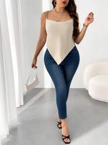 Celure Plus Size Draped Collar Chain Shoulder Strap Camisole Top - Apricot - View 3