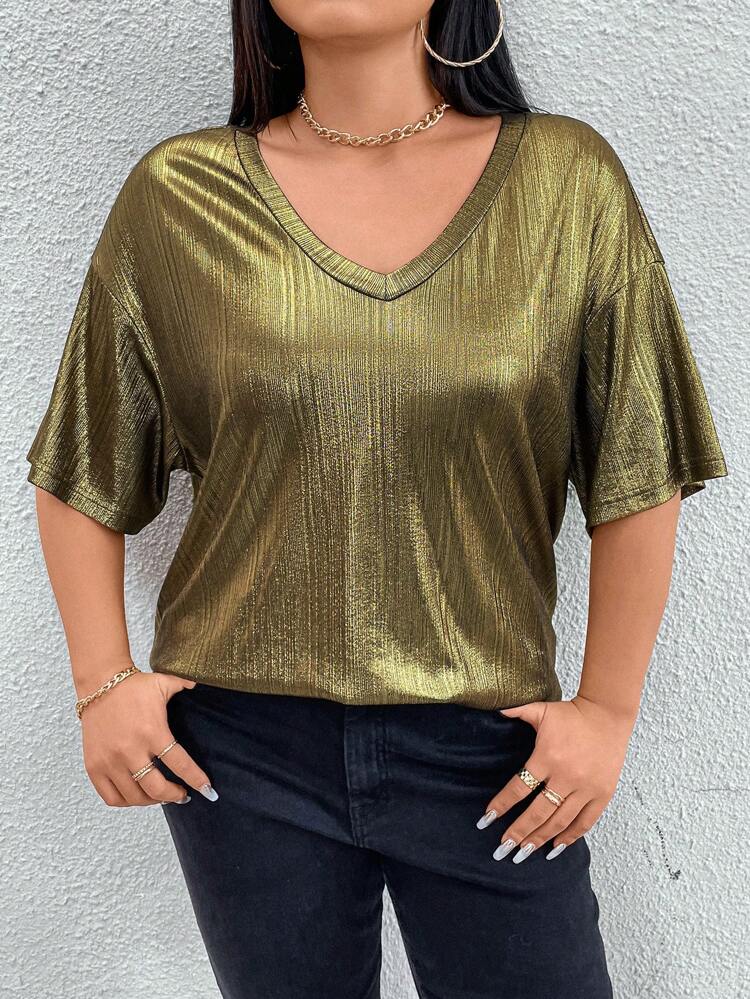 Golden Plus Size Women's V-Neck Loose Fit T-Shirt With Dropped Shoulder