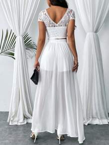 SHEIN Privé Của phụ nữ Ren Áo thun Và Bông tuyết Chiffon Váy chữ A Trắng 2 Miếng Bộ Cho đám cưới Mùa Và Thanh lịch Kỳ nghỉ - trắng - Xem 2