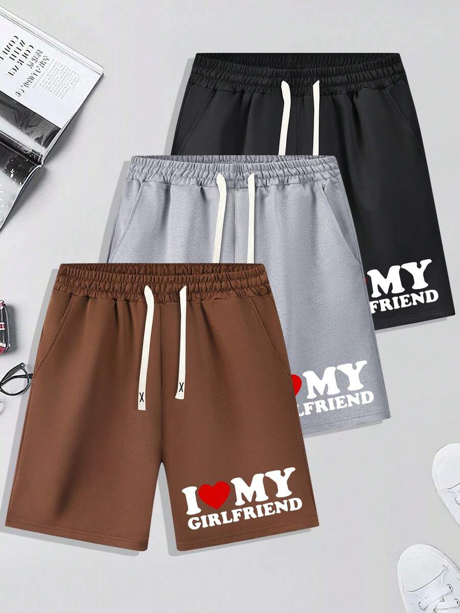 3 cái/bộ Nam Mùa hè Hợp thời Love Tim & In thư Giải trí Eo dây rút Quần short - Nhiều màu - Xem 1