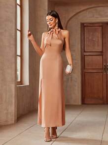 SHEIN Belle Vestido De Dama De Honor Sólido Con Corbata En El Cuello Y Raja En Los Muslos
