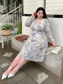 Dazy Plus Plus-size jurk met allover print en tailleband, ruches
