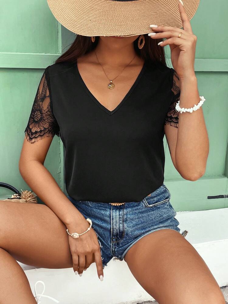 Summer Women's Lace Patchwork Backless Tie Front Top Black Casual