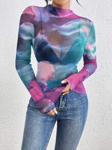 Allurite Women's Tie-Dyed Stand Collar Mesh Long Sleeve Top Fall Cloth For Women - Lilac Purple - View 5