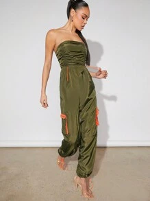Denimoi Contrast Ruched Tube Cargo Jumpsuit - Green - View 3