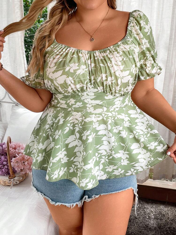 Plus Size Floral Print Puff Sleeve Waist Cinched Shirt