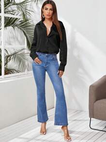 EURMUSE Women's Spring/Autumn Casual Satin Raglan Buttoned French Blouse - Black - View 5