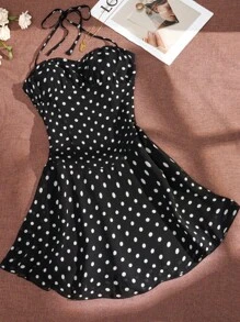 SHEIN EZwear Ladies' Black Polka Dot Halter Neck Dress