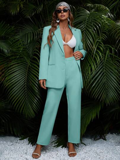 SHEIN Privé 女士單色撞色長袖西裝外套和褲子套裝