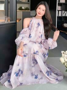 DAZY Tie Dye Open Shoulder Loose Fit Casual Dress Sundress,Fall Clothes Long Sleeve Dress Vacation Outfits Women Boho - Beige - View 6