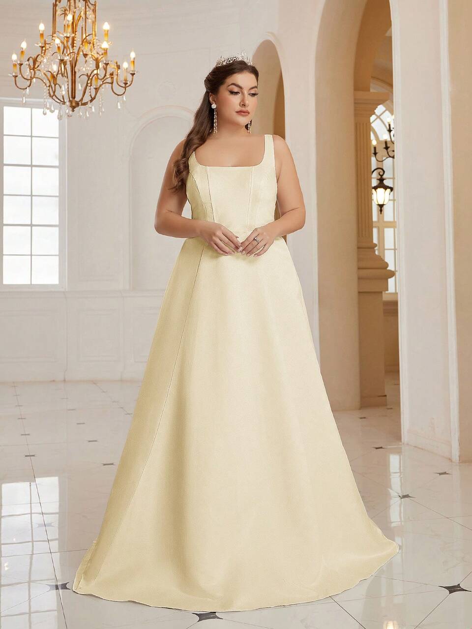 Plus Size Square Neckline A-Line Wedding Dress With Fitted Waist And Large Hem