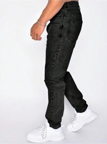 Men's Casual Distressed Slanted Pocket Tapered Leg Jeans - 黑色 - 查看 3