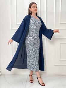 Modelyn 女士纯色长袖外套和植物印花单肩无袖连衣裙两件套 - 藍色 - 查看 5