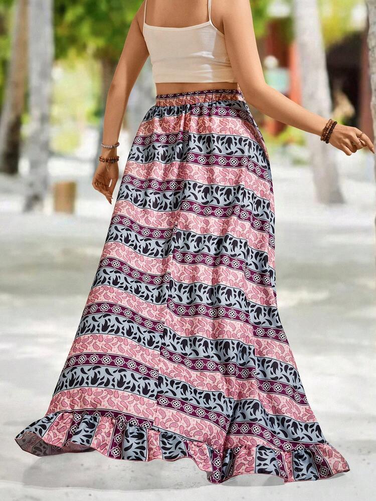 Plus Size Women's Paisley Printed High-Low Hem Skirt